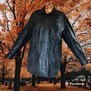 Brandini Black Leather Men's Coat Jacket Large Drawstring Moto Biker y2k